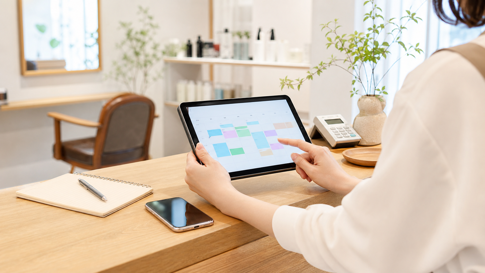 小規模店舗でタブレットを使って予約管理システムを確認する様子