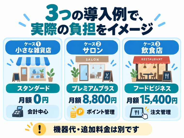 スマレジ個人店のモデルケース。雑貨店はスタンダード月額0円、サロンはプレミアムプラス8,800円、飲食店はフードビジネス15,400円