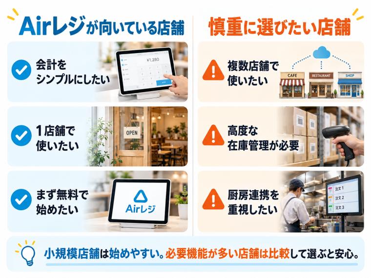 Airレジが向いている店舗と慎重に比較したい店舗の違い。会計中心の小規模店舗と、複数店舗・高度な在庫管理・厨房連携を必要とする店舗を比較した図