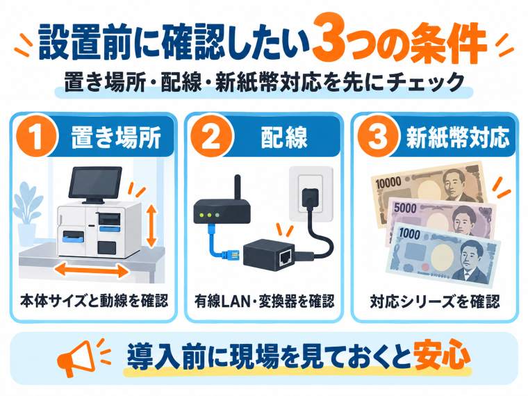 スマレジ自動釣銭機の導入前に確認したい設置スペース・有線LANと変換器・新紙幣対応の3つの条件