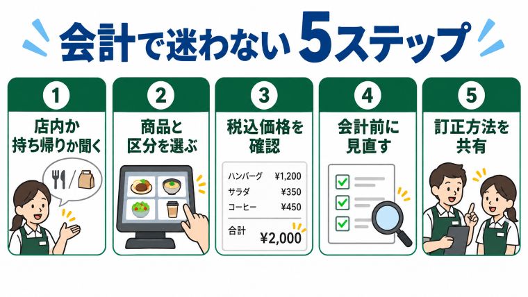 会計で迷わない5ステップ。店内か持ち帰りかを確認し、商品と区分を選択、税込価格を確認、会計前に見直し、訂正方法を共有する流れ