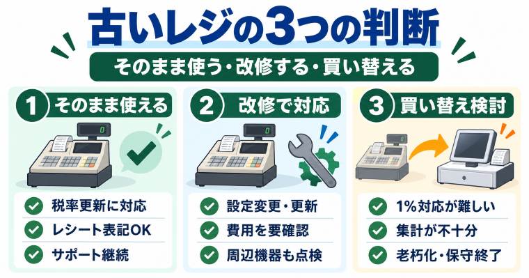 古いレジはそのまま使う・改修する・買い替えるの3つの判断に分かれる