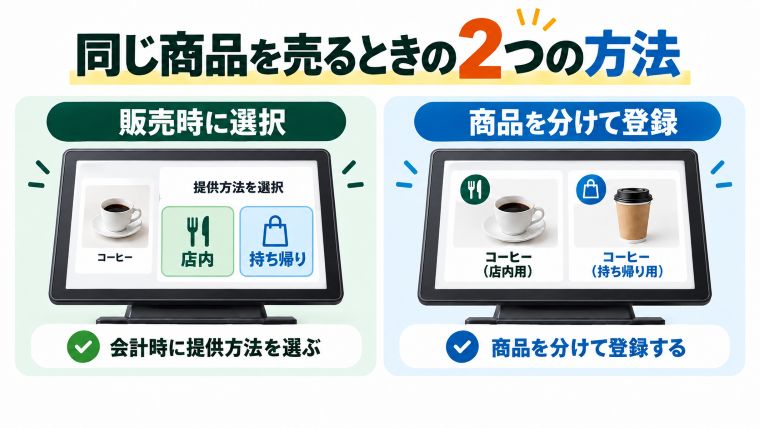 同じ商品を店内と持ち帰りで販売する方法。会計時に提供方法を選ぶ方式と、商品を店内用・持ち帰り用に分けて登録する方式の比較
