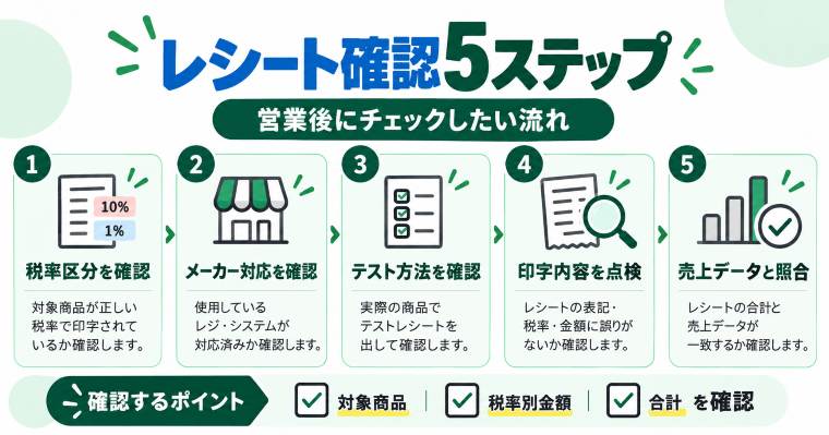 飲食店向けレシート確認5ステップ。商品ごとの税率区分、メーカー対応、テスト方法、印字内容、売上記録を順に確認する流れ