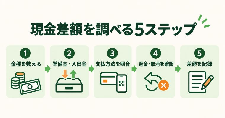 現金差額を調べる5ステップ。1金種の数え直し、2釣銭準備金と入出金、3現金とキャッシュレスの支払い区分照合、4返金と取消、5差額の原因と確認結果を記録